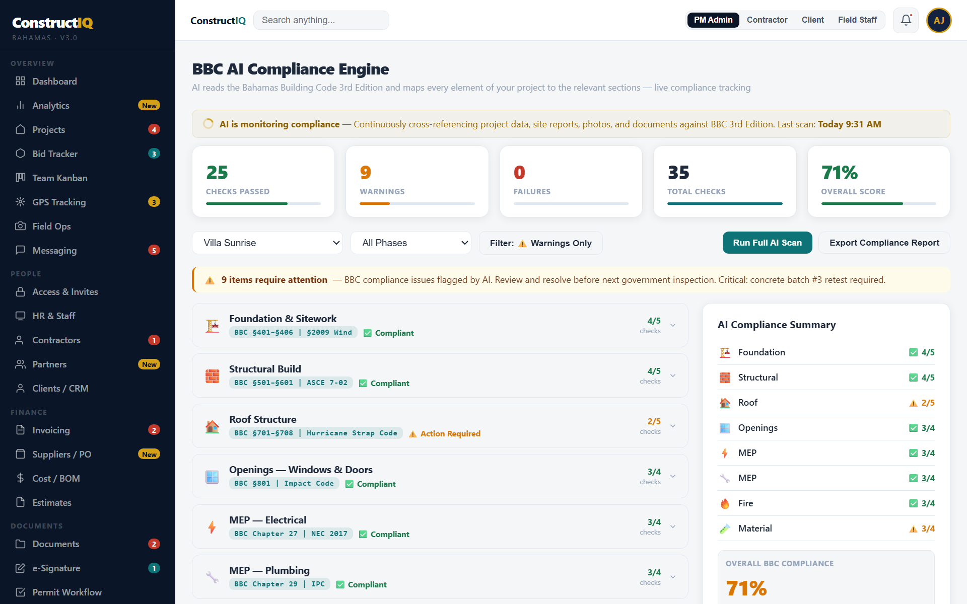 The BBC AI Compliance Engine: 25 checks passed, 9 warnings and no
               failures across 35 checks, with every project phase mapped to its
               Building Code sections — foundations, structural, hurricane straps,
               impact-rated openings, electrical and plumbing.